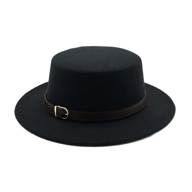 New Retro Winter Autumn women men Top hat Imitation Woolen Felt Fedora Hats Belt buckle Decorated ladies Boater Hat flat brim