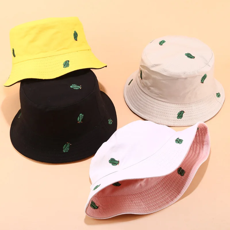 Cross-Border E-Commerce Hot Sale Cactus Embroidery Reversible Fisherman Men's and Women's Outdoor Protection Sun Hat Tra