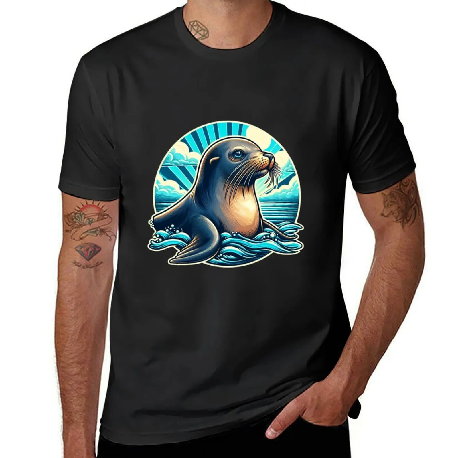 Old sea lion illustration. T-Shirt plus sizes summer tops blanks vintage plain white t shirts men