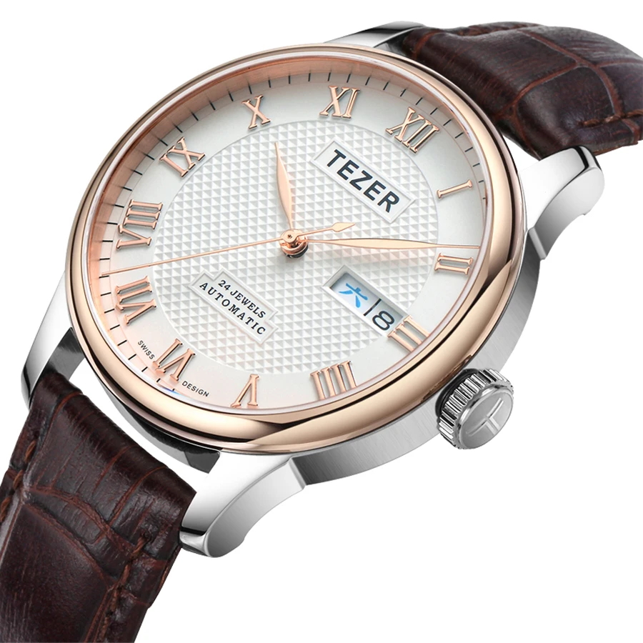 TEZER Men Automatic Watch | Rose Gold Case | Roman Numeral Dial | Day‑Date Window | 50M Water Resistant Wristwatch