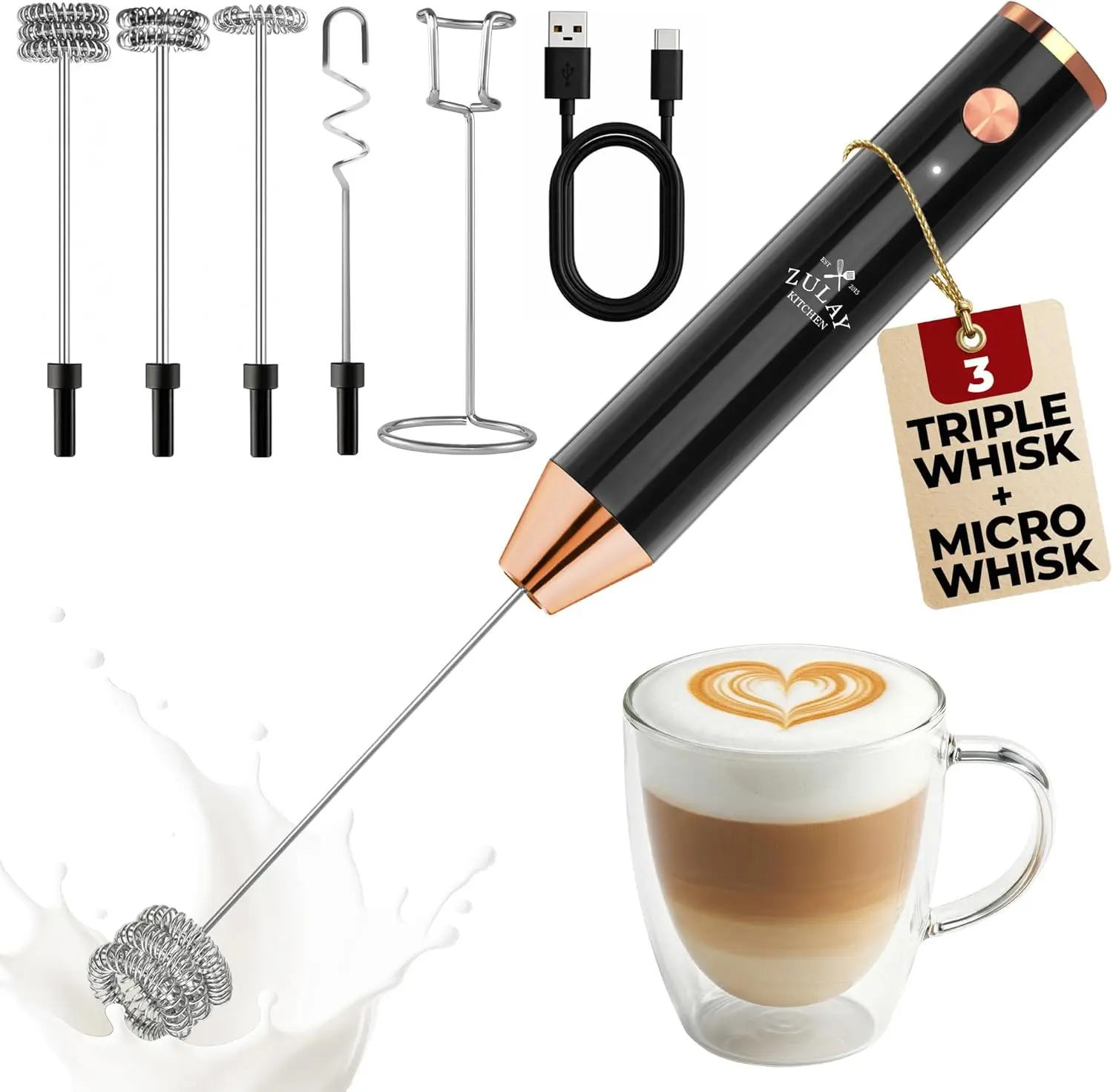 Handheld Rechargeable Milk Frother - Electric Whisk & Drink Mixer, 4 Interchangeable Whisks, 2 Speed Settings, Waterproof, 2000m