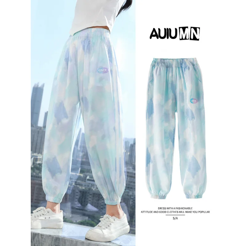 Girls' Summer Anti-Mosquito Pants2024New Year's New Big Kids Summer Ice Silk Cool Pants Children's Casual Sports Long Pants