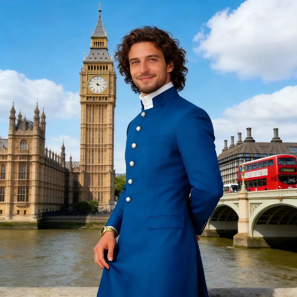 

Синий формальный свадебный костюм жениха с уникальным воротником, однобортный длинный пиджак и брюки, облегающая мужская одежда для церемонии