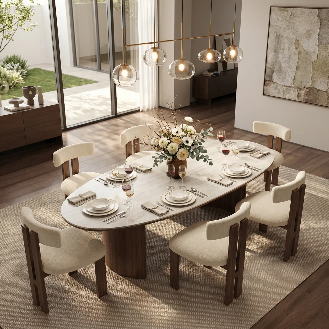 #Luxury Modern Design Travertine Slab Dining Table with Walnut-colored Solid Wood Base 4 Seater Multiple Sizes Available
