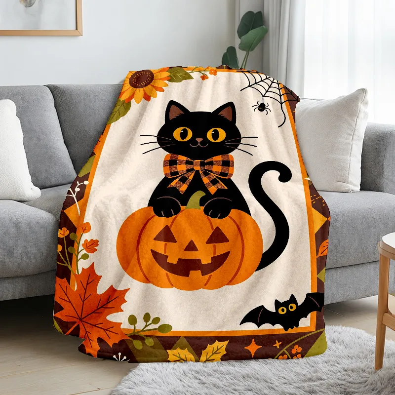 Spooky Cat Throw Blanket Pumpkin Maple Leaf Bat Spider Web Print Soft Flannel for Kids Room Sofa Lap Holiday Home Decor Gift