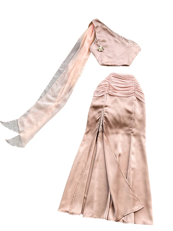 

Ele Satin ort Vest Top oulder Bared Side Collar High Waist Slimming Split f Skirt Faionable Two-Piece Set for Yo...