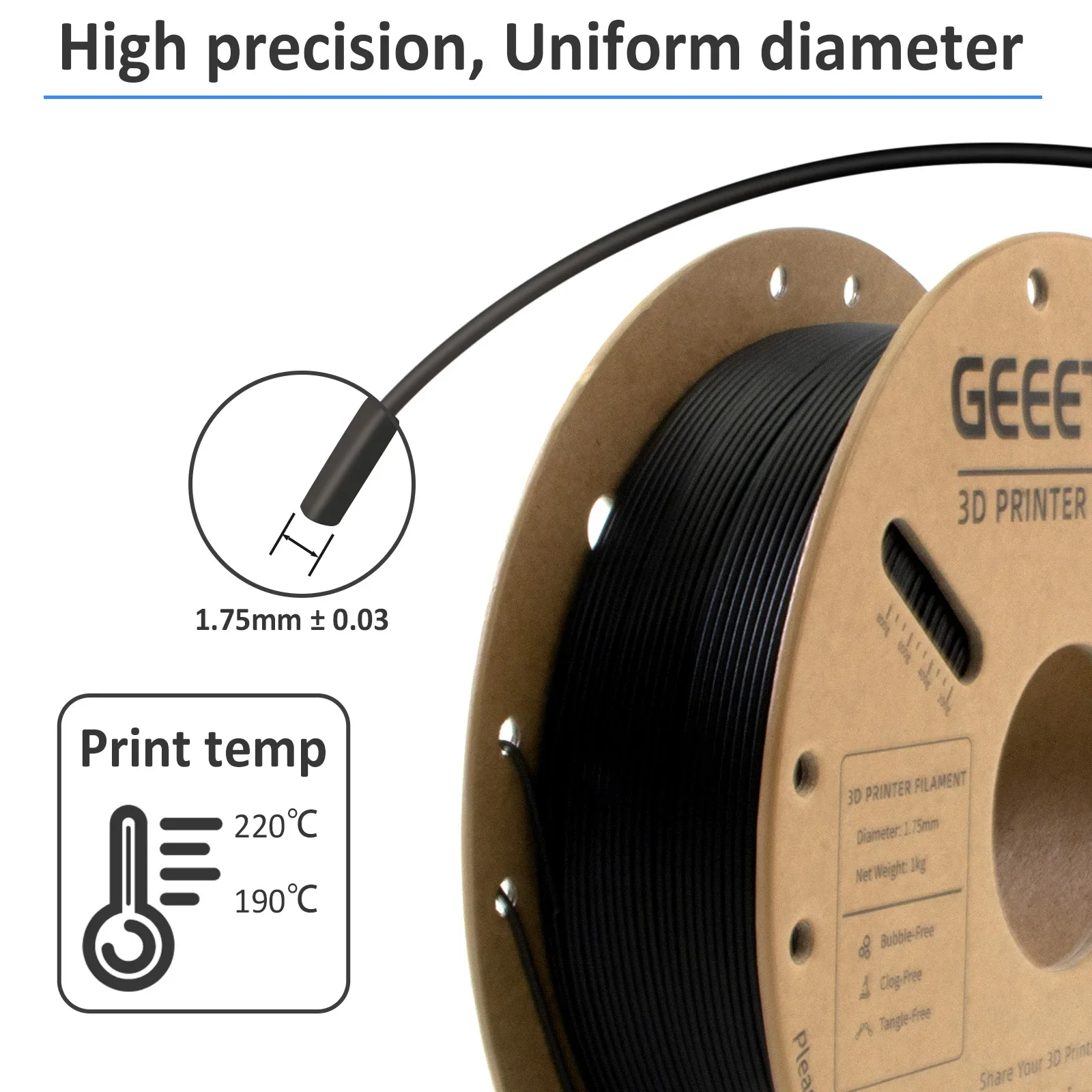 Geeetech Filamento per stampante 3D PLA in fibra di carbonio 1KG 1,75MM Stampa veloce PLA-CF Filamento PLA in fibra di carbonio ad alta resistenza