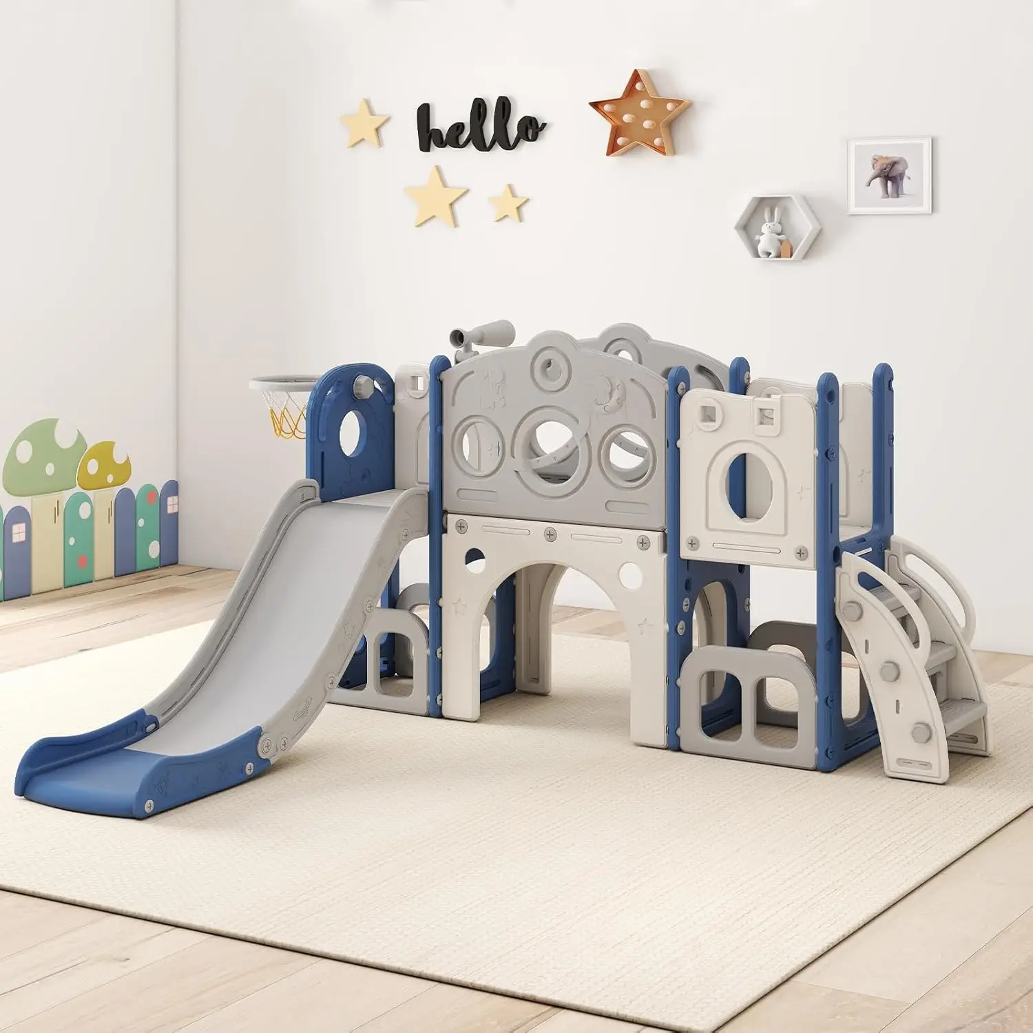 

8-in-1 Toddler Slide Set with Basketball Hoop, Climb Stairs & Storage, Indoor Outdoor Playset, Blue