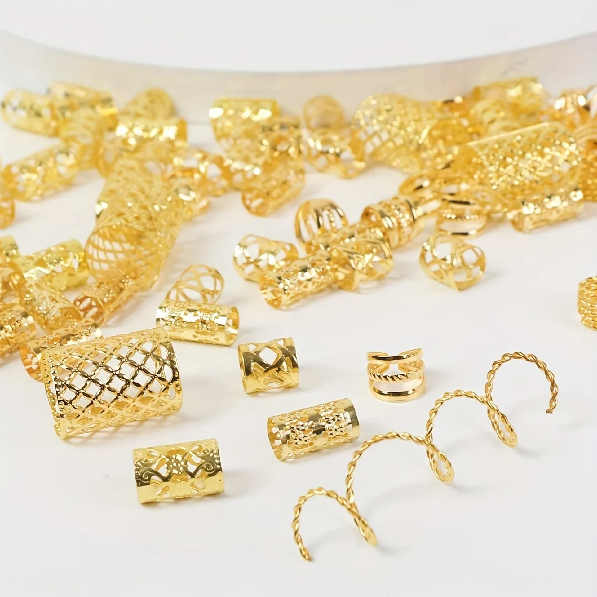 90pcs Hollow Out Hair Ring,Dreadlocks Beads Hair Braid Rings Clips Dread Locks Hair Braiding Metal Cuffs Decoration/Accessories