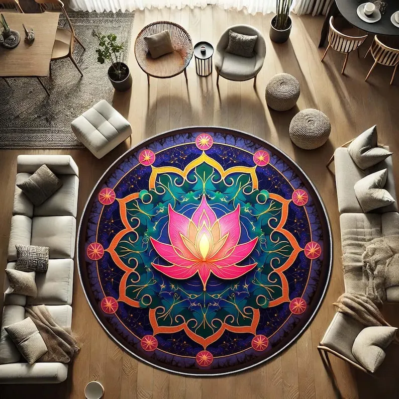 Pink Purple Lotus Round Rug, Boho Meditation Mat for Yoga Room, Spiritual Flower Carpet for Zen Decor, Circle Floor Mat