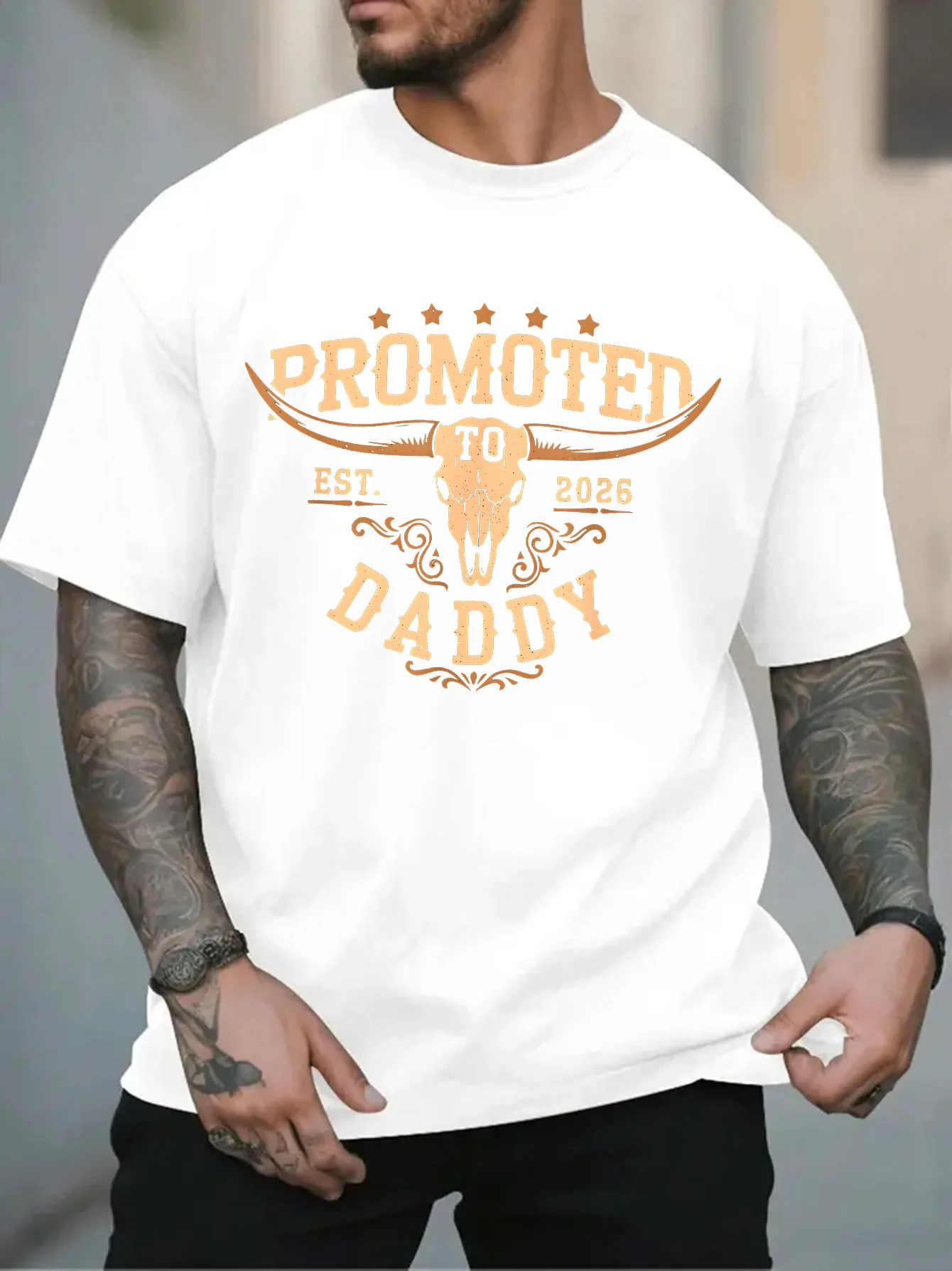 Men Black Crew Neck Tee Western Bull Skull Promoted To Daddy Est 2026 Star Vintage Print New Dad Pregnancy Reveal Cotton Tops