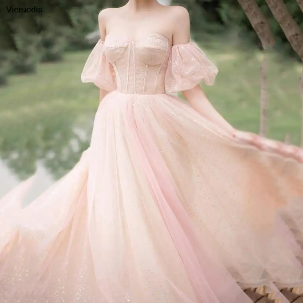 فستان حفلة موسيقية وردي على شكل حرف A لامع على شكل قلب وأربطة فستان حفلات بأكمام منتفخة قابلة للفصل فستان سهرة فيستدو دي نوش #4