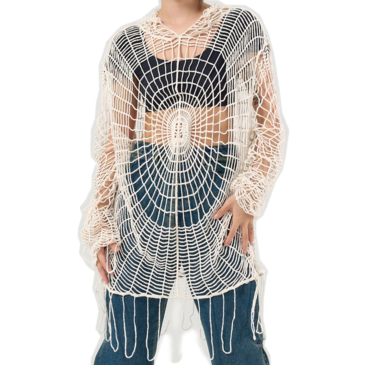 Y2k VIBE Clothes Spider Web Hollow Hole Design Spice Girl Hooded Pullover Knit Top Sweater Women Korean Fashion свитер с узорами