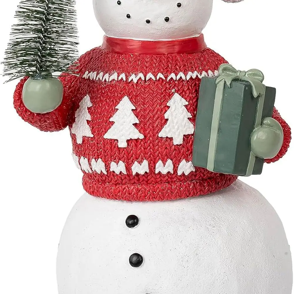 

11.25 Snowman Figurine, Red Sweater, Holding Gift for Christmas Blossom Bucket