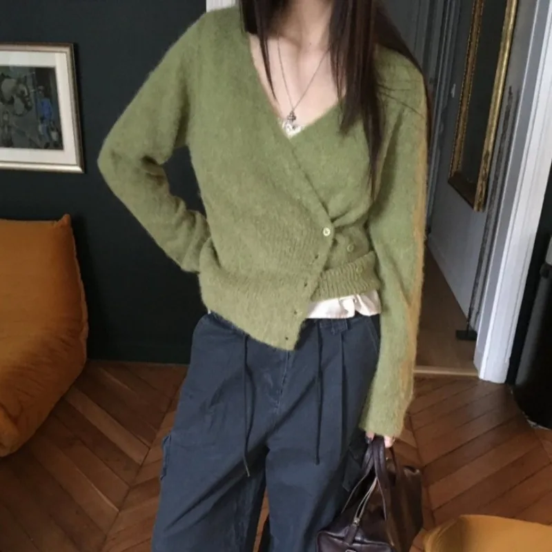 

Tops Overcoat Sweater Woman Spring Autumn Sense of Design Paikou Knitting New Comfortable Brief Leisure Minority Individuality