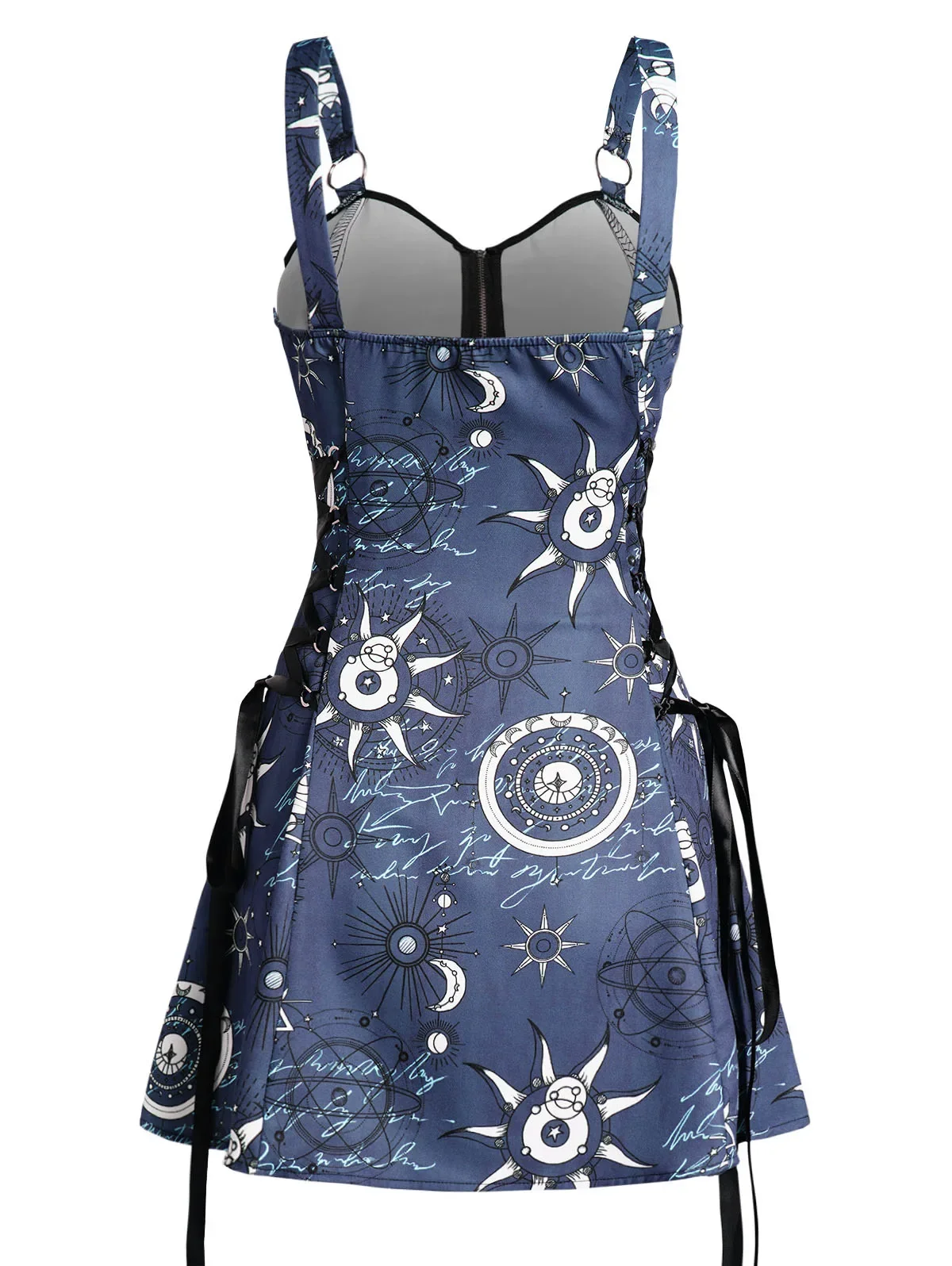 女性用サンスタープリントドレス、ハーフジッパー、レースアップ、ハイウエストストラップ、ライン、ミニドレス、タンクスーツ、ロリータファッション、カジュアル