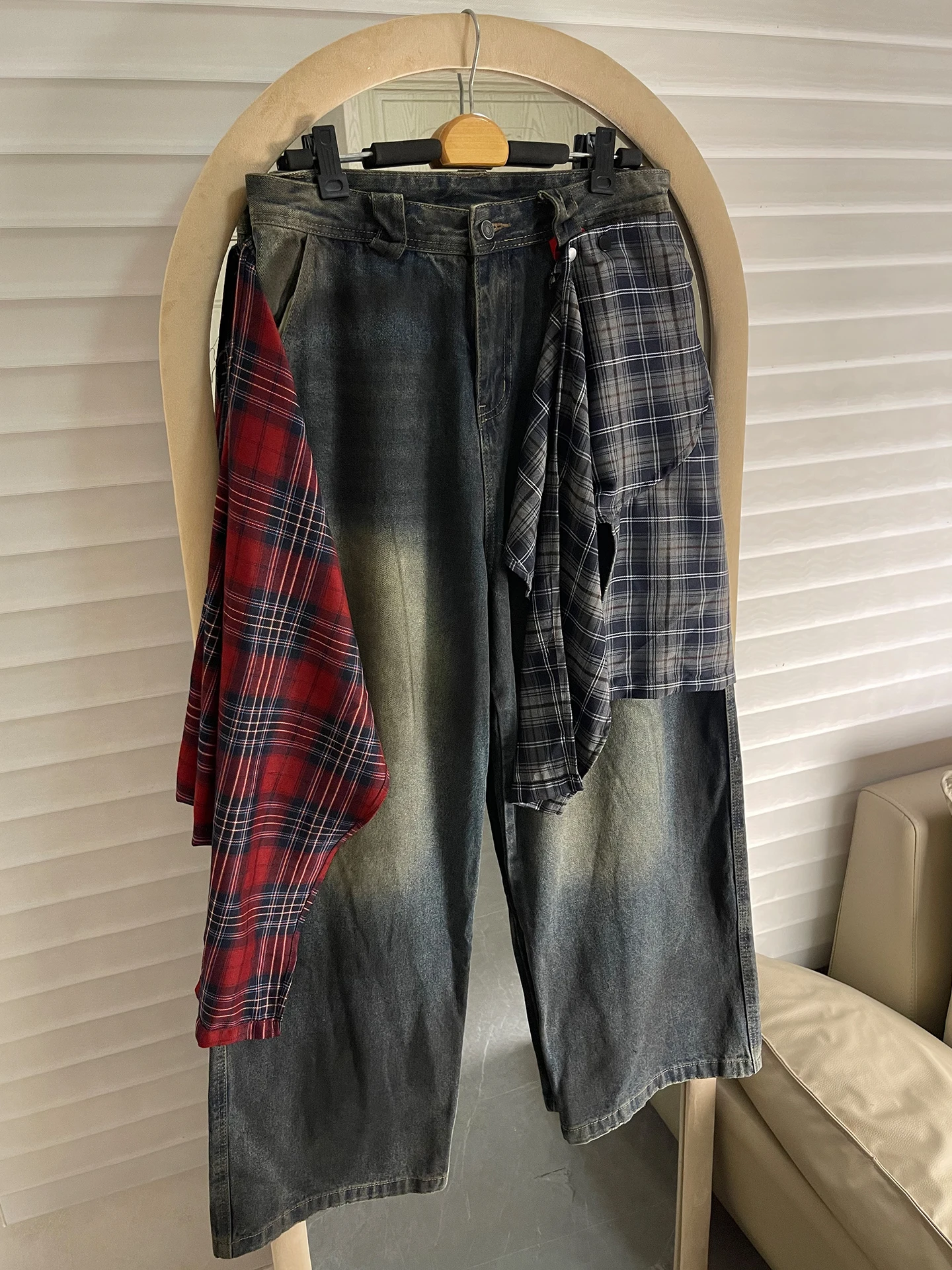 

Джинсы Parisian Sle American Plaid свободного прямого кроя в стиле ретро, модные, с эффектом двухслойности, широкие, длинные брюки