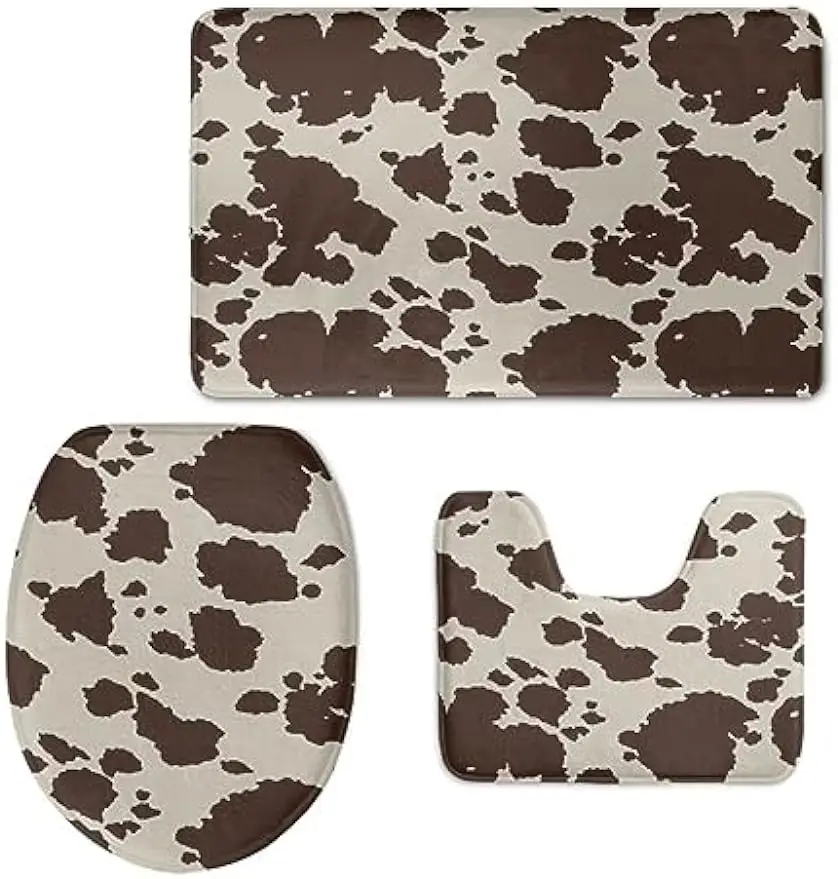 Brown Cow Bathroom Sets with Non-Slip Rug 3 Pieces Toilet Lid Cover and Bath Mat U-Shaped Bathroom Carpet Bath Mat Toilet Rugs