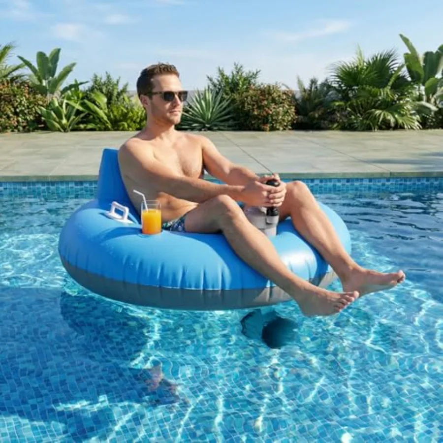 

Моторизованный надувной плот для бассейна с подстаканником, перезаряжаемый, сверхпрочный электрический шезлонг-плот для взрослых, синий, для бассейна и озера