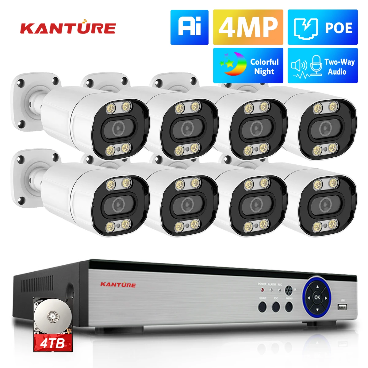 KANTURE 8CH 4MP Ai Human Detection IP Camera 2K Outdoor Two Way Audio Color Night Security Camera System Video Surveillance Set