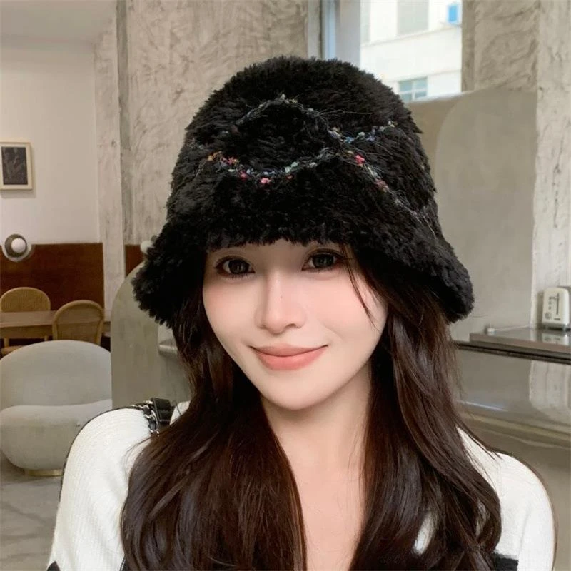 2024 Korean Hat Winter Women's Fashion Solid Color Rabbit Fur Hat Bucket Cap Fisherman's Hat Retro Plush Wool Basin Bucket Hat