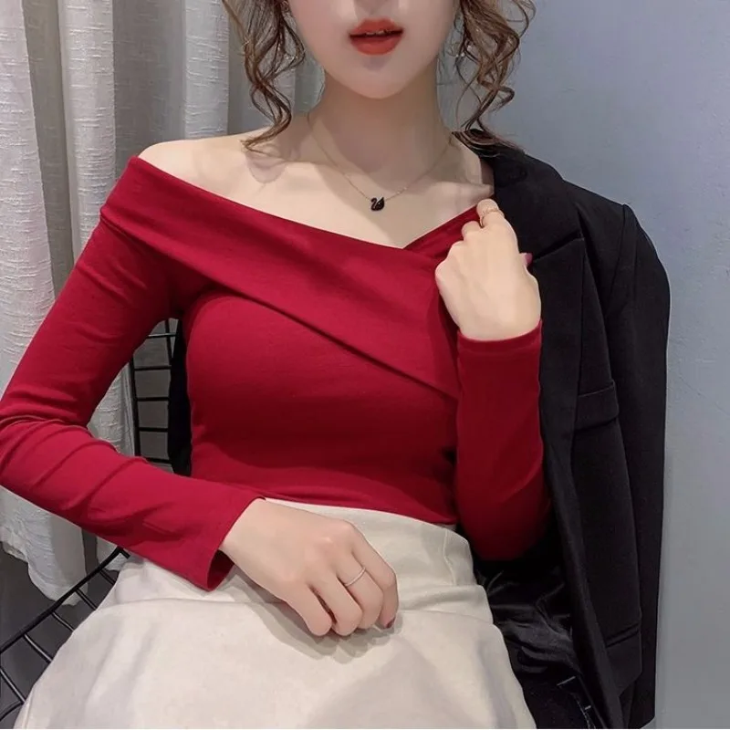 

Women's Clothing Stylish Sexy Off Shoulder Asymmetrical Long Sleeve Basic T-shirts Elegant Chic Solid Slim Cotton All Match Tops