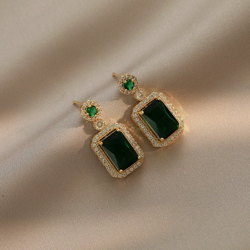 Green Stone Geometry Rhinestone Pendant Earrings for Women Europe America Transparent Colorful Simple Trend Brincos Jewelry Gift