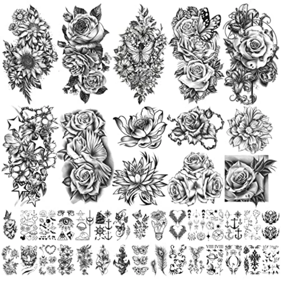 

40 seets of Temporary Tattoos Flowers Ro Butterfly Fake Tattoo Mix Style Lasting Body Art Tattoo Stickers Women or Girls