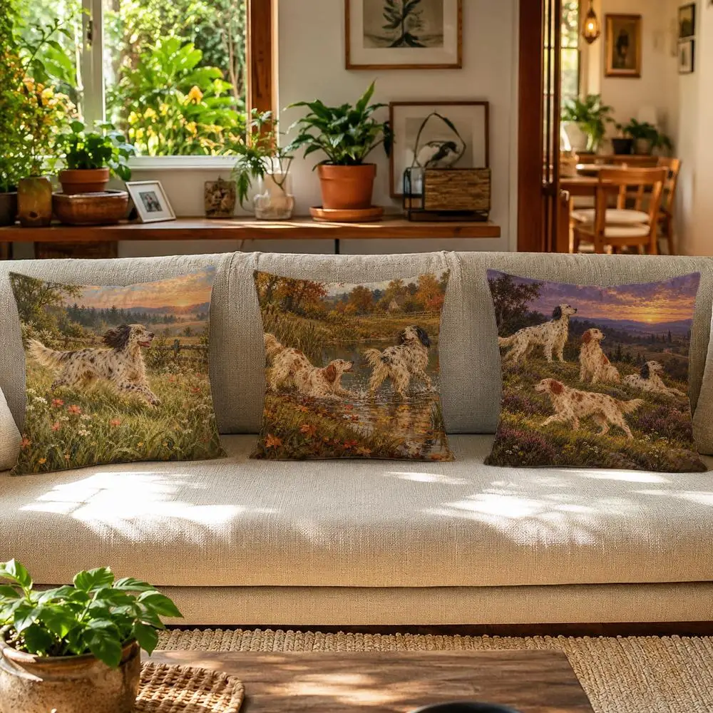 English Setter Dog Vintage Sporting Art Cushion Cover Skin-Friendly Linen Pillow Cover Durable Hypoallergenic Washable Soft