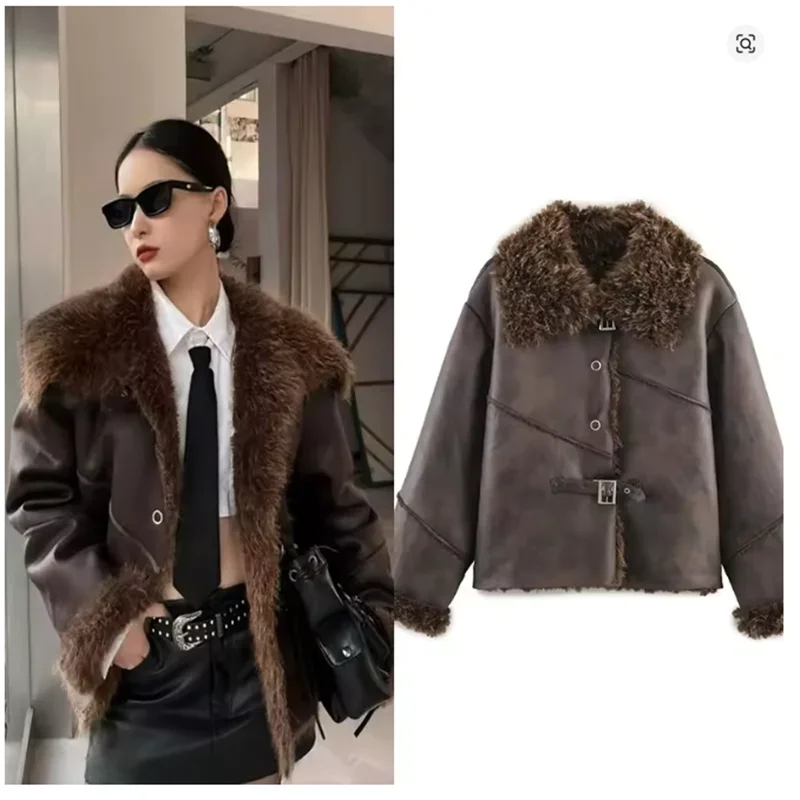 

Winter Women Fashion Fur Integrated Jacket Coat Long Sleeve Front Snap-Button Female Chic Collar Thick Warm New Outerwear