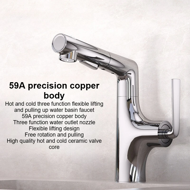 

Fully Copper Retractable Basin Faucet with Rotary Handle for Washbasin, Cold/hot Water, Household Use, Bathroom, Splash-proof