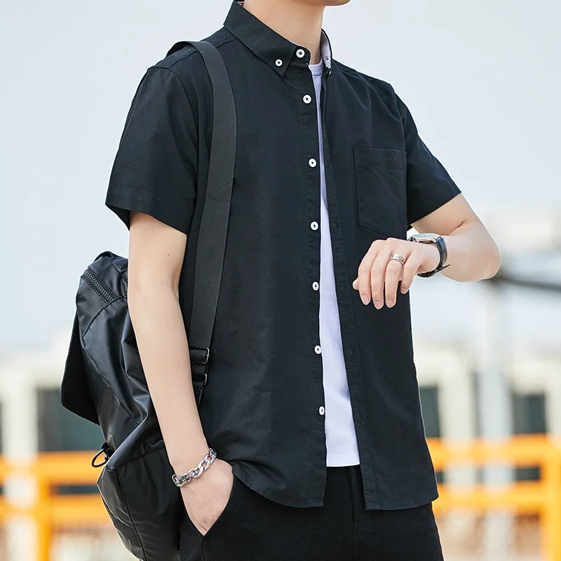 Half Sleeve Shirt Men Slim 100% Cotton Pure Color Stripe Shirts Casual Short Sleeve Shirts for Men Single Pocket Men's Shirts
