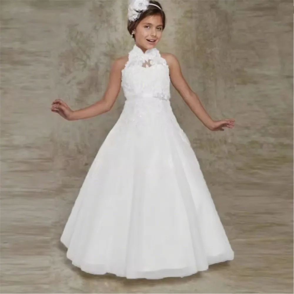 

Classic Flower Girl Dress for Wedding Appliques Bow Sashes Sleeveless Princess Party Pageant Gown Girls First Communion Gown
