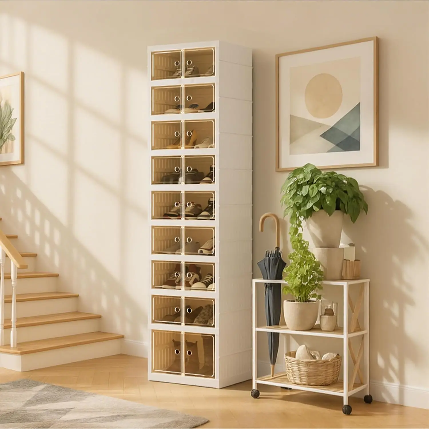 

Складной органайзер для обуви с магнитными дверцами и колесами, 9-слойный ящик для хранения в шкафу, штабелируемая конструкция