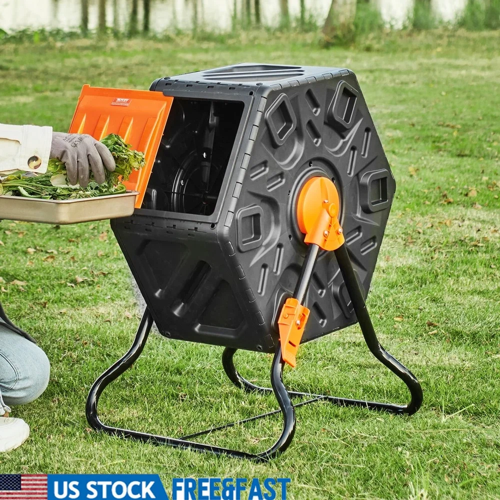 

18.5 Gallon Tumbling Composter Rotatable Garden Bin with Slide Door BPA-Free Metal Support Easy Installation Urban Gardening