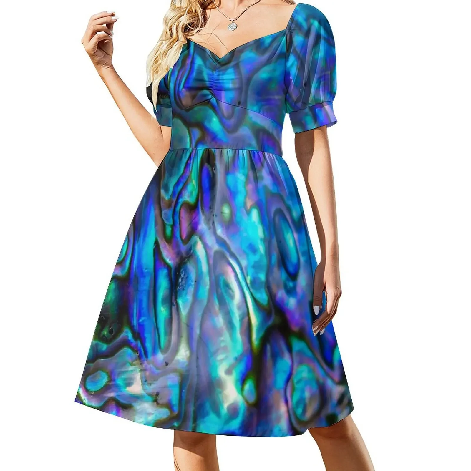 

Abstract Paua Abalone Shell Texture Pattern, Polished Paua Abalone Shell, Multicolor Paua Abalone Shell Halioti Sleeveless Dress