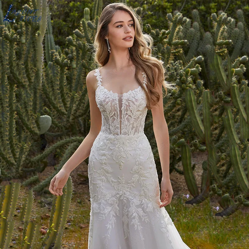 NICEB-Vestido De novia De lujo, traje De novia De encaje De sirena, sin mangas, apliques De tirantes finos, diseño Vestido De Novia De Lujo Sirena  Vestido De Novia De Encaje Sin Mangas Aplique  Spaghetti Straps Vestid