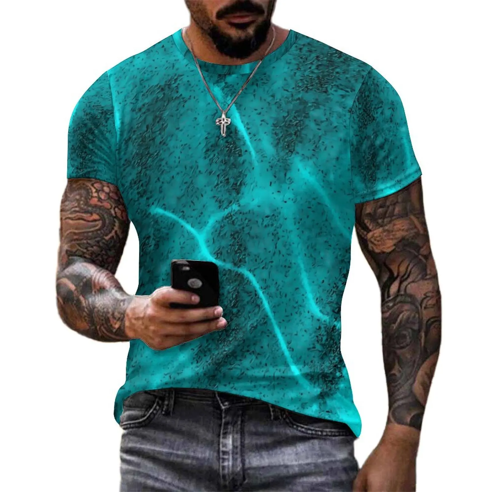 Teal Shallow Water T-Shirt Crystalline Sea Mens Fashion T Shirts Summer Design Tees Short Sleeve Streetwear Oversize Tops Gift