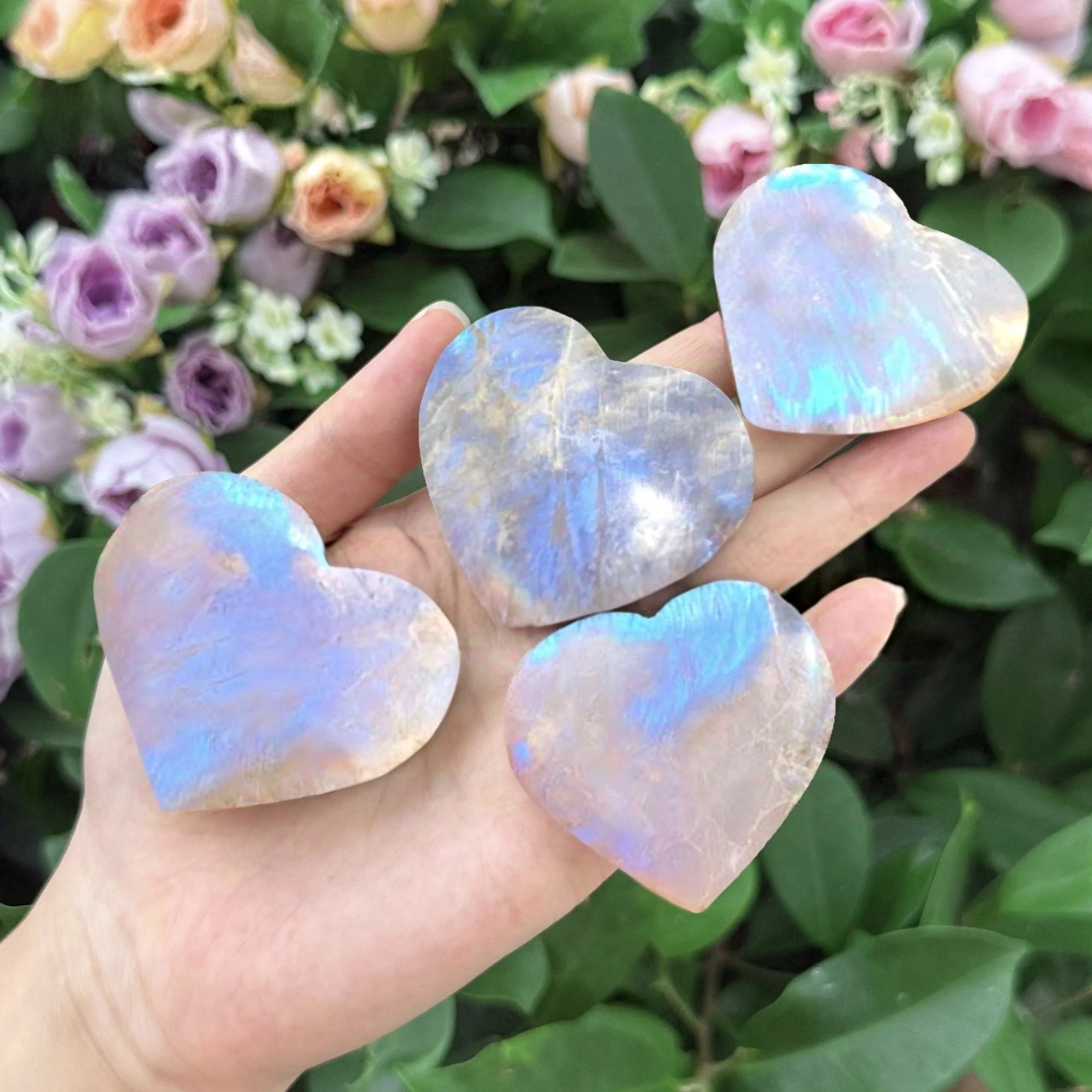 1pc Natural Moonstone Heart Palm Stone, Gorgeous Blue Flash Moonstone, Home Decor, Mineral Specimens, Crystal Collection