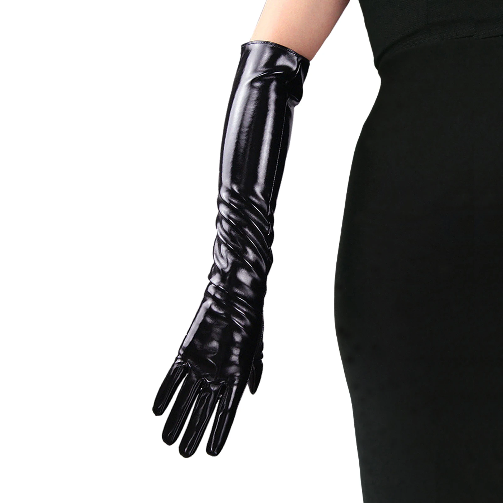 LaSally Women's Long Leather Gloves Over Elbow Latex Wetlook Shine Faux Patent Leather Cosplay Evening Party Fashion Opera Glove