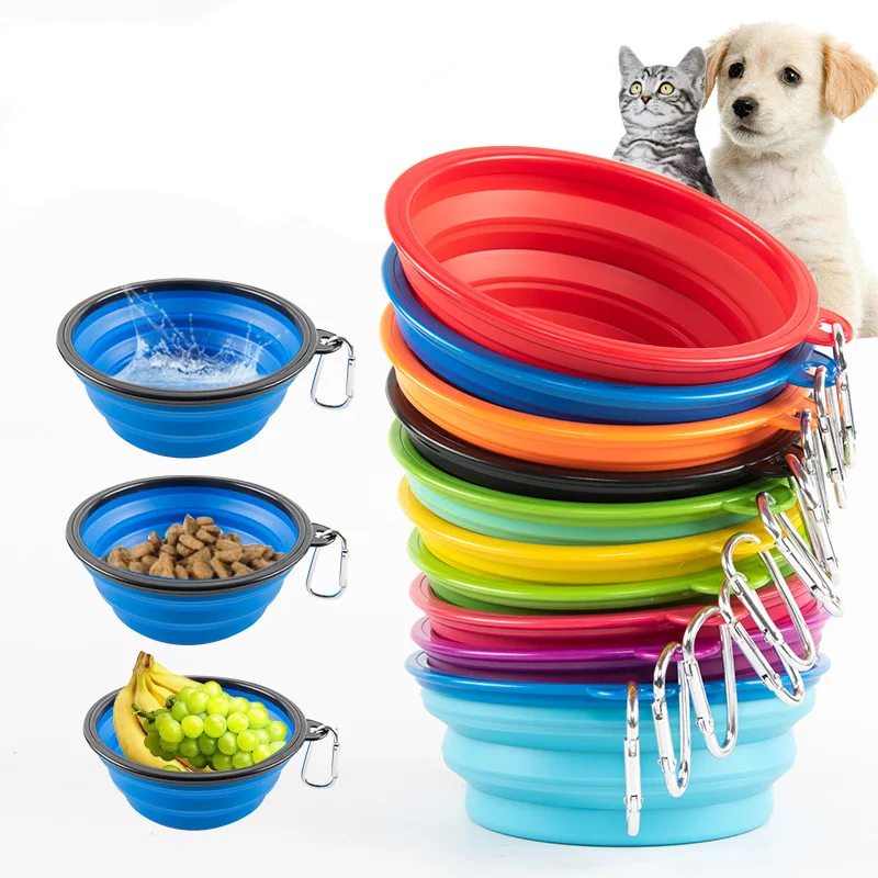 Folding Pet Silicone Dog Food Water Bowl Outdoor Travel Portable Dogs Feeder with Carabiner Puppy Food Container Dog Accessories