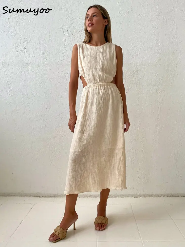 Sumuyoo 2023 Holiday Long Dress Woman 100% Cotton Loose Splicing Summer Sleeveless Dress Casual Lady Dress