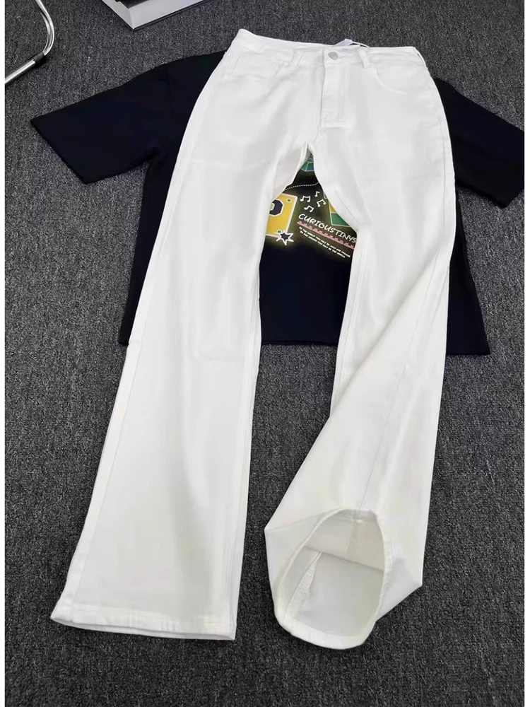 

White Le Blade Wide Leg Jeans Men's Summer CleanFit Flared Pants American High Street Straight Tube Trousers Youth Faion