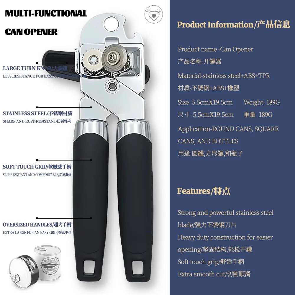 Can Opener Manual, Stainless Steel Handheld Bottle Can Opener, Handheld Bottleopener Can Openers with Big Effort-Saving Knob