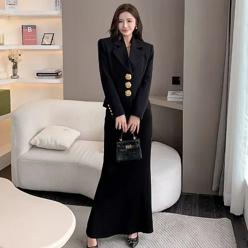 Plus Size 2024 New Fashion All Season Office Womens Full Sleeve Big Gold Metal Button Pockets Slim Casual Black Blazer Coat