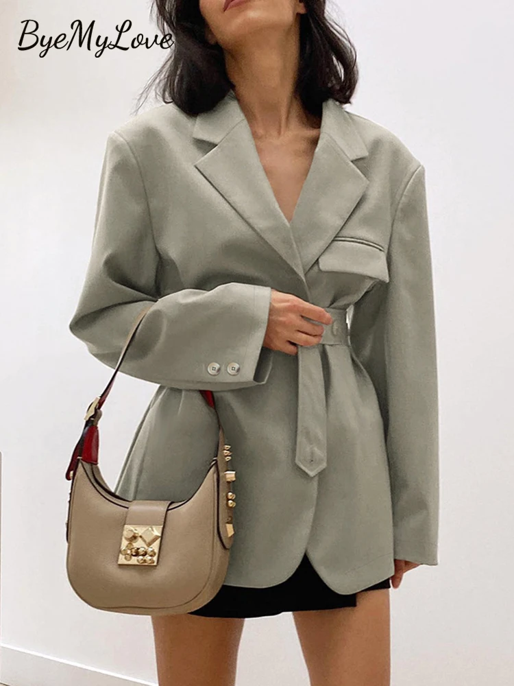 

ByeMyLove Female Blazer Waist Laceup V Neck Long Sleeve Casual Fashion Streetwear Coat Female Outwear Top Autumn Korean Loose