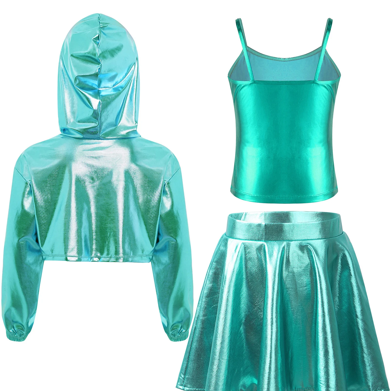 Kid Girls Metallic Modern Hip-hop Street Dancewear Performance Outfit Long Sleeve Cropped Hoodie Shirts with Vest And Tutu Skirt