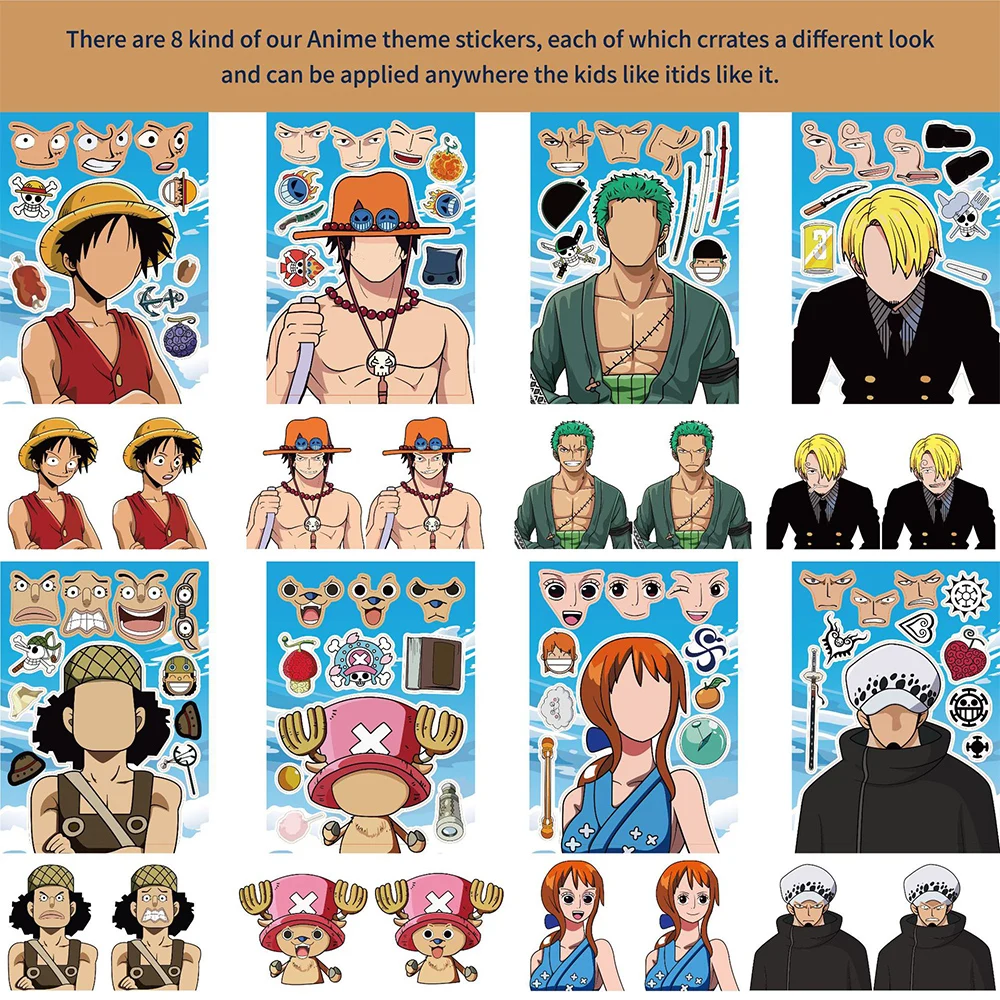 8/16sheets Cartoon ONE PIECE Anime Puzzle Stickers Fun Make a Face Jigsaw Toys DIY Assemble Game Supplies for Party Reward Gifts