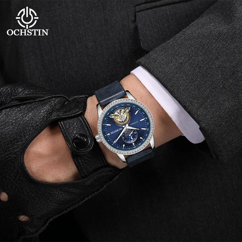 OCHSTIN Men's Waterproof Commander Series Tourbillon Mechanical Movement Watch Man Classic Magnetic Buckle Leather Tape Watches