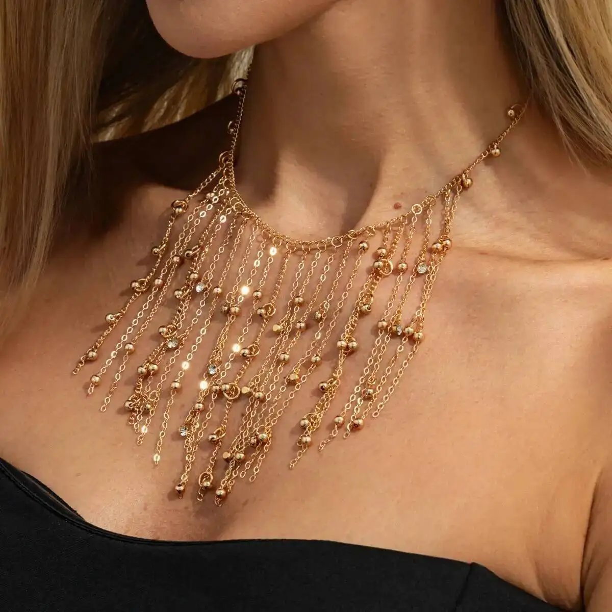

Trendy Beads Tassel Chain Necklace Women Vintage Adjustable Gold Color Choker Necklace Party Jewelry Neck Accessories